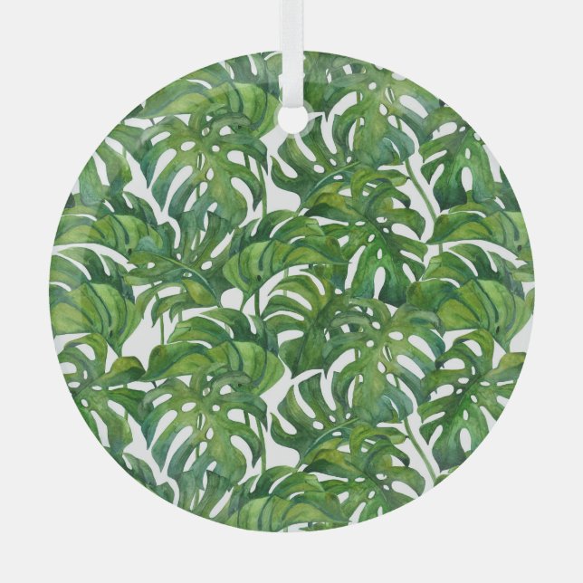 Green Monstera Leaves Tropical Seamless Glass Tree Decoration (Front)