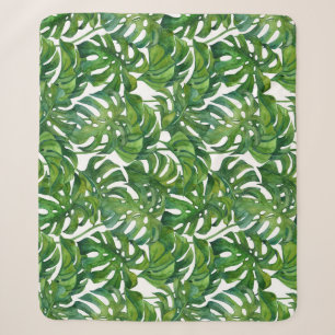 Green Monstera Leaves Tropical Seamless Sherpa Blanket