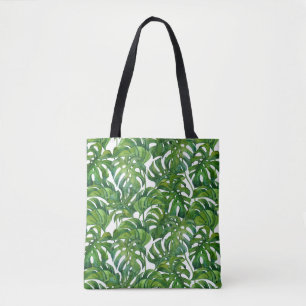 Green Monstera Leaves Tropical Seamless Tote Bag