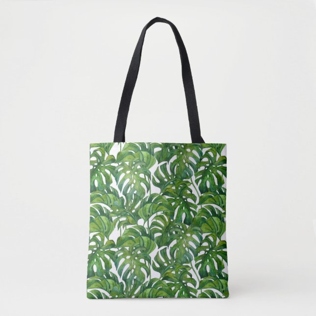 Green Monstera Leaves Tropical Seamless Tote Bag (Front)