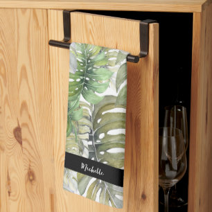 Green Monstera Palm Chef Monogrammed Tea Towel