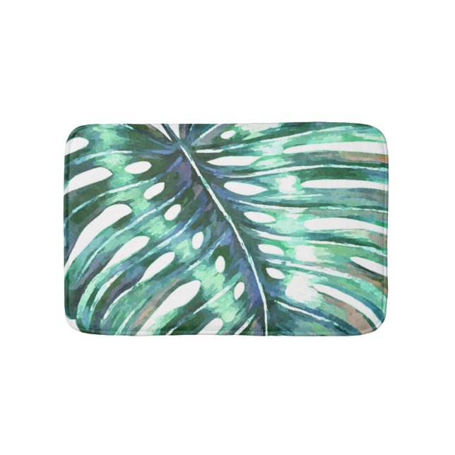 Green monstera palm leaf modern tropical bath mat (Front)