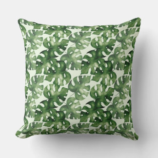 Green monstera tropical leaf cushion
