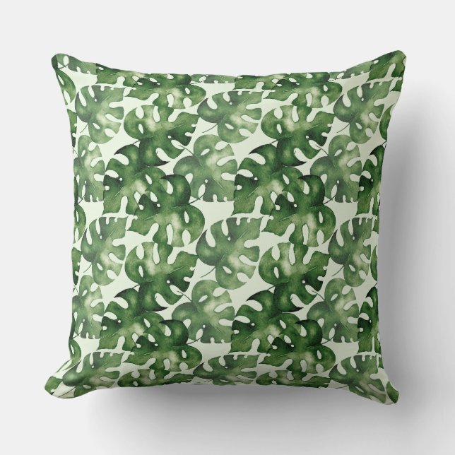 Green monstera tropical leaf cushion (Front)