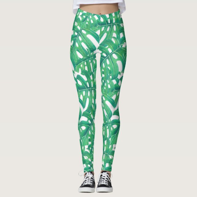 Green monstera tropical leaves pattern  on white b leggings (Front)