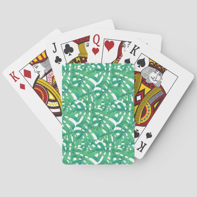 Green monstera tropical leaves pattern playing cards (Back)