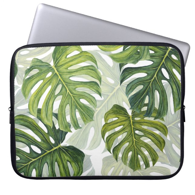 Green Monstera Tropical Watercolor Laptop Sleeve (Front)