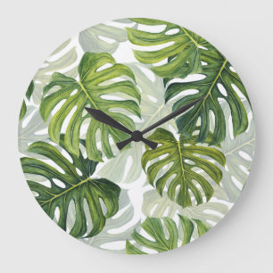 Green Monstera Tropical Watercolor Large Clock