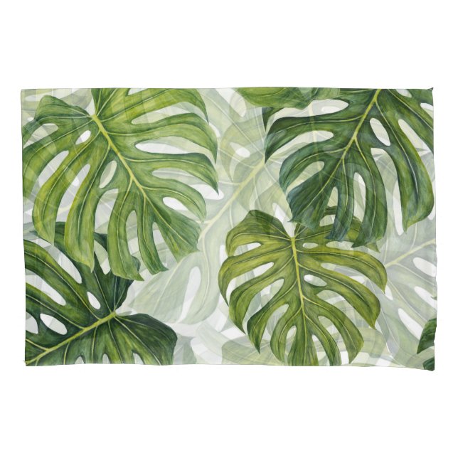 Green Monstera Tropical Watercolor Pillowcase (Front)