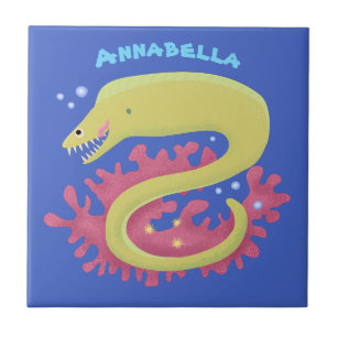 Green moray eel funny cartoon illustration ceramic tile