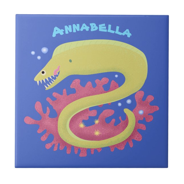 Green moray eel funny cartoon illustration ceramic tile (Front)