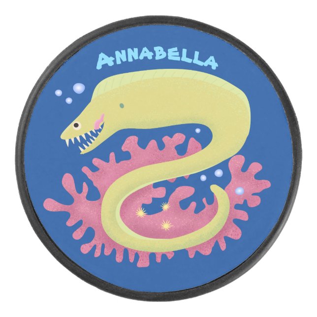 Green moray eel funny cartoon illustration hockey puck (Front)