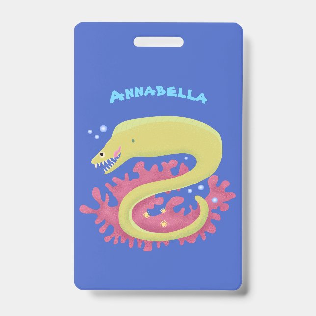 Green moray eel funny cartoon illustration ID badge (Front)