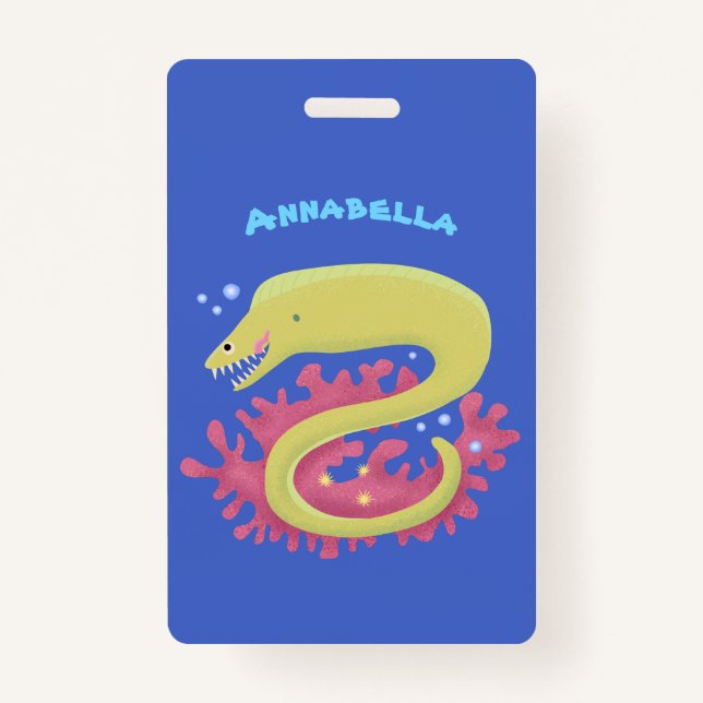 Green moray eel funny cartoon illustration ID badge (Front)