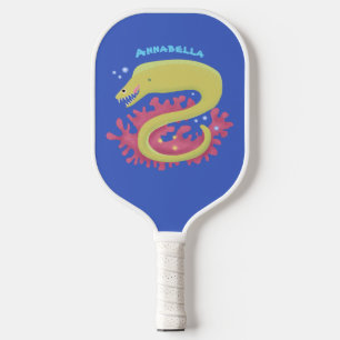 Green moray eel funny cartoon illustration pickleball paddle
