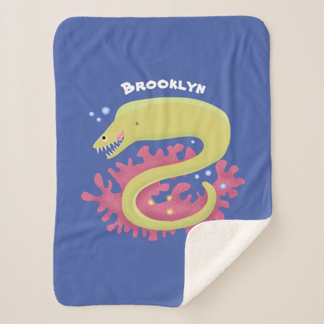 Green moray eel funny cartoon illustration sherpa blanket (Front)