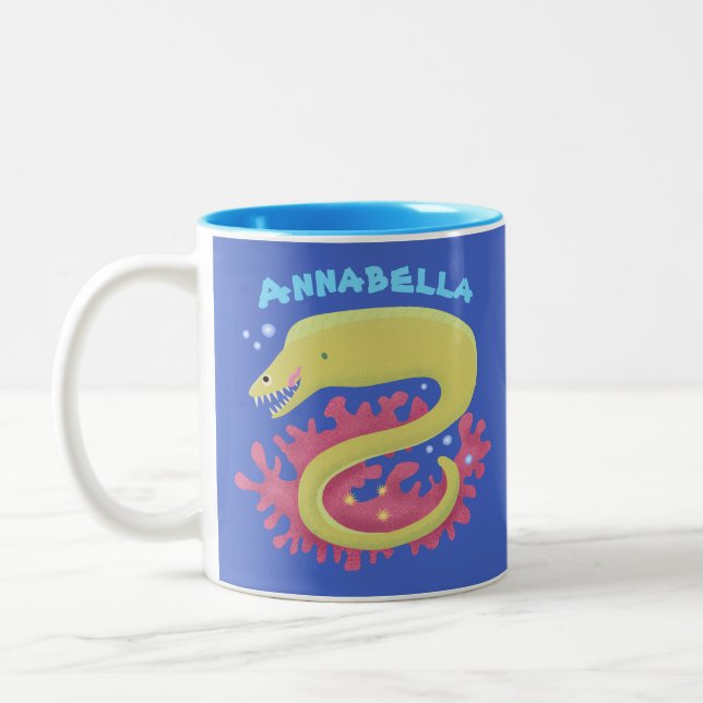 Green moray eel funny cartoon illustration Two-Tone coffee mug (Left)