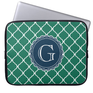 Green Moroccan Lattice Pattern Navy Monogram Laptop Sleeve