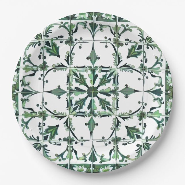 Green,Moroccan,mosaic, Paper Plate (Front)