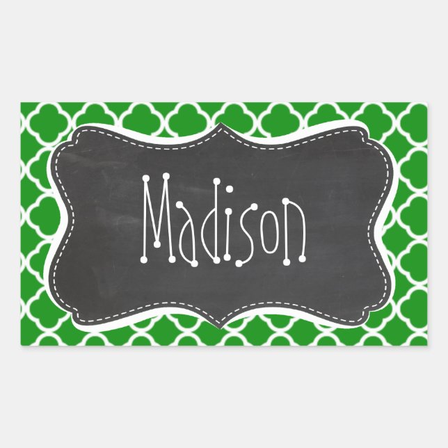 Green Moroccan Quatrefoil; Chalkboard look Rectangular Sticker (Front)