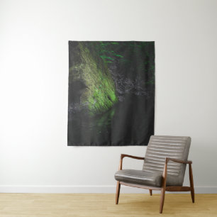 Green mossy rock with reflection in water tapestry