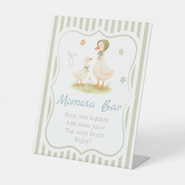 Green Mother Goose Baby Shower Momosa Bar Pedestal Sign (Front)