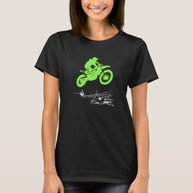 Green Motocross Dirt Bike Rider Jumping Motorcycle T-Shirt (Front)
