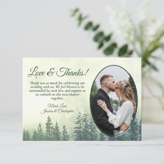 Green Mountain Pine Trees Rustic Wedding Photo Thank You Card (Standing Front)