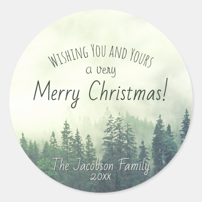 Green Mountain Pines Festive Merry Christmas Classic Round Sticker (Front)