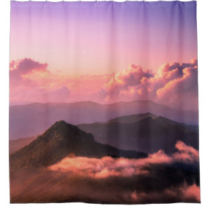 GREEN MOUNTAIN SURROUNDED BY CLOUDS SHOWER CURTAIN