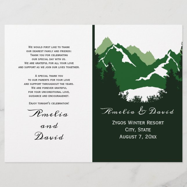 Green mountains and conifes folded wedding program (Front)