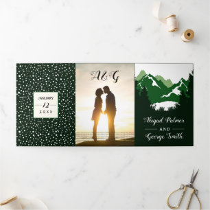 Green mountains and trees photo winter wedding Tri-Fold invitation