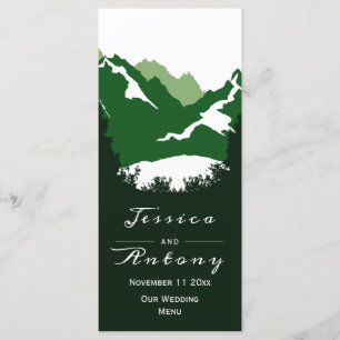 Green mountains, conifer trees wedding menu card