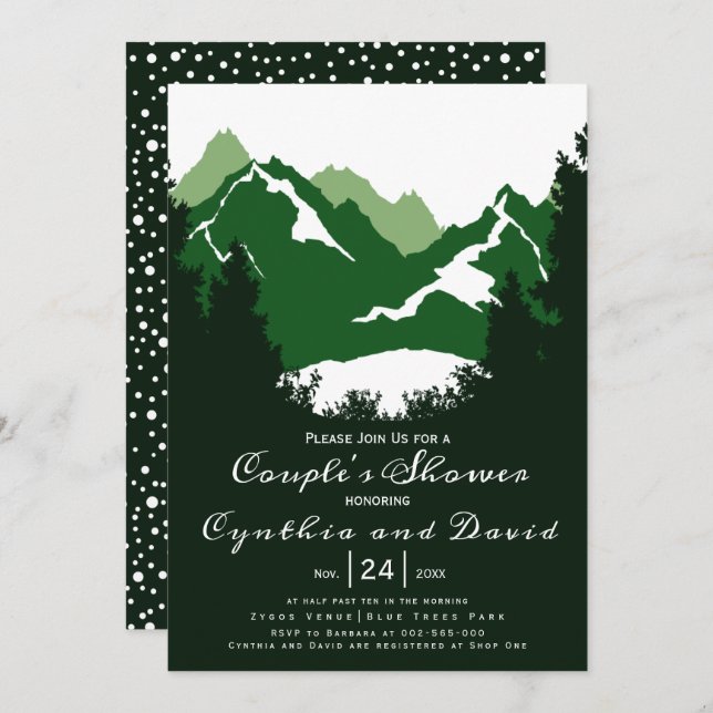 Green mountains, conifers wedding couples shower invitation (Front/Back)