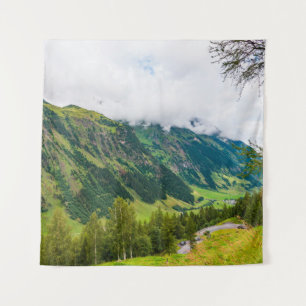 Green mountains covered with forest and green gras tapestry