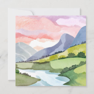 Green Mountainside Sunrise Watercolor Card