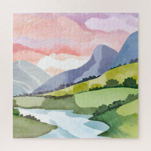 Green Mountainside Sunrise Watercolor Jigsaw Puzzle