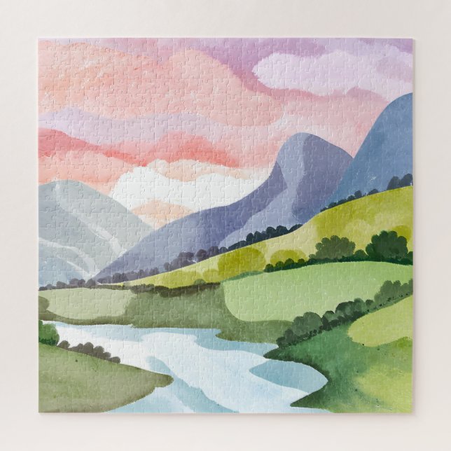 Green Mountainside Sunrise | Watercolor Jigsaw Puzzle (Vertical)