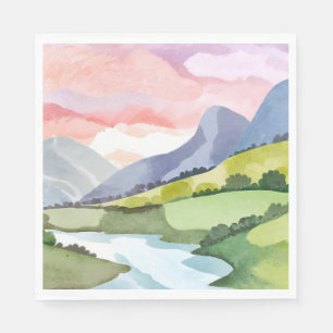 Green Mountainside Sunrise   Watercolor Painting Napkin