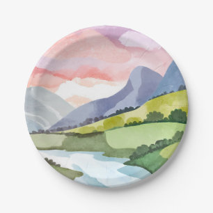 Green Mountainside Sunrise Watercolor Painting Paper Plate