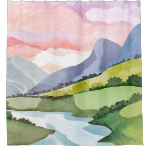 Green Mountainside Sunrise   Watercolor Painting Shower Curtain