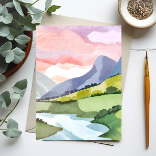 Green Mountainside Sunrise Watercolor Postcard