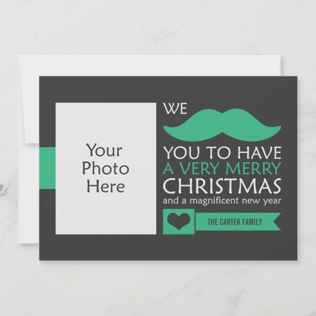 Green Moustache Christmas Photo Holiday Card (Front)