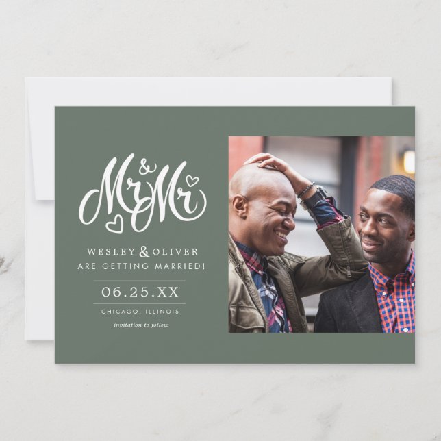 Green Mr. & Mr. Script - Save the Date with Photo (Front)