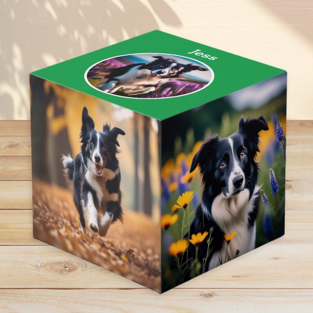 Green Multi Photo Pet Dog Keepsake Personalised Cube (A personalized photo block, featuring your favorite photos of your dog and your pet's name)