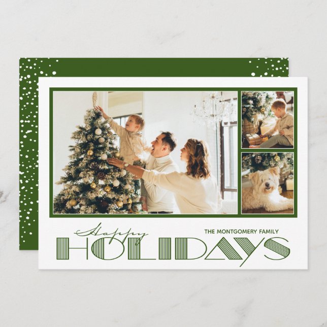 Green Multiple Photo Happy Holiday Card (Front/Back)
