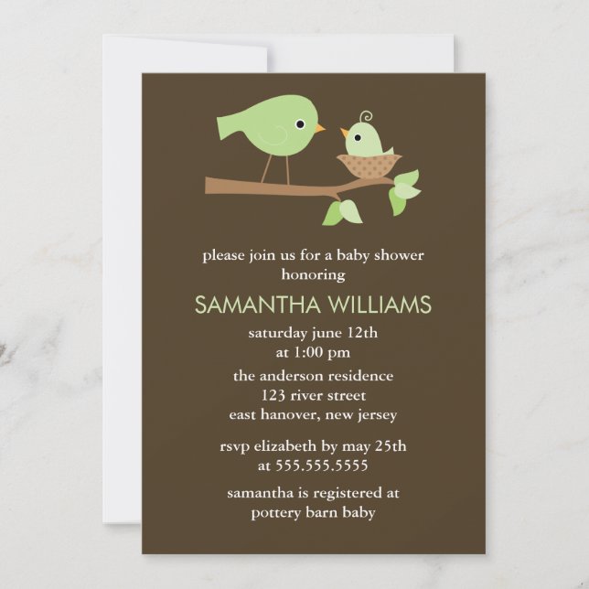 Green Mum and Baby Birds in a Nest Baby Shower Invitation (Front)