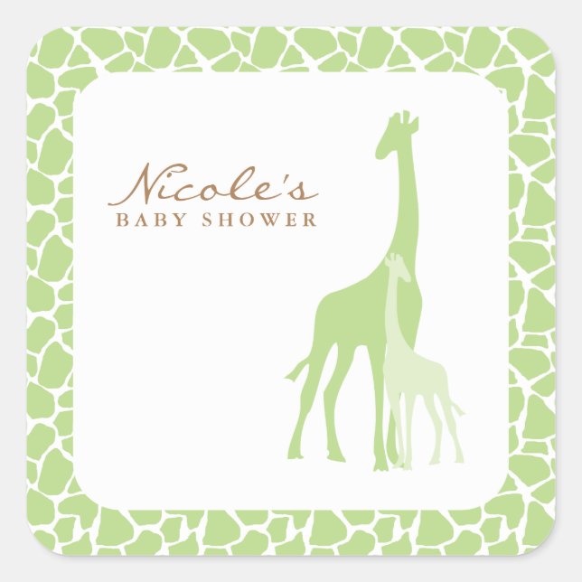 Green Mum and Baby Giraffe Baby Shower Square Sticker (Front)