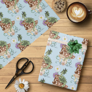 Green Mushroom Dragon Fantasy Flowers Wrapping Paper