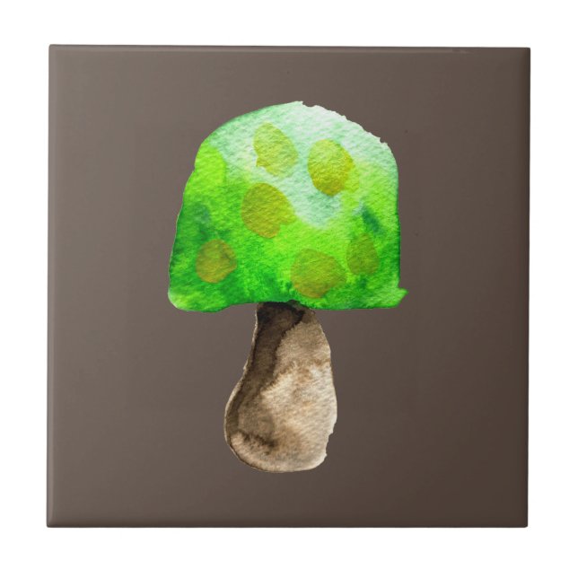 Green Mushroom watercolor cute fungi Ceramic Tile (Front)